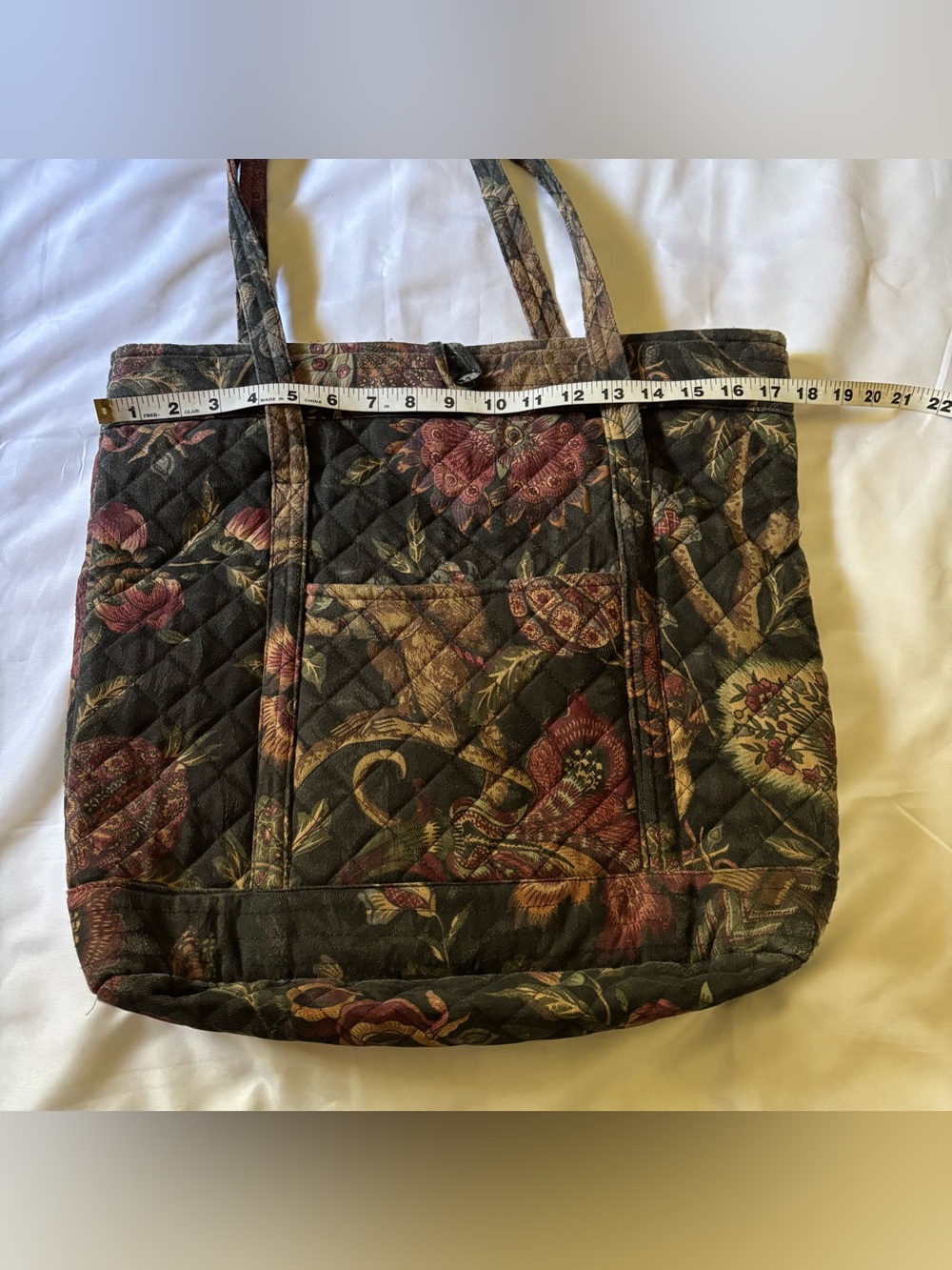 Quilted floral vintage style fabric bohemian shabby chic Black shoulder tote bag - Picture 5 of 7
